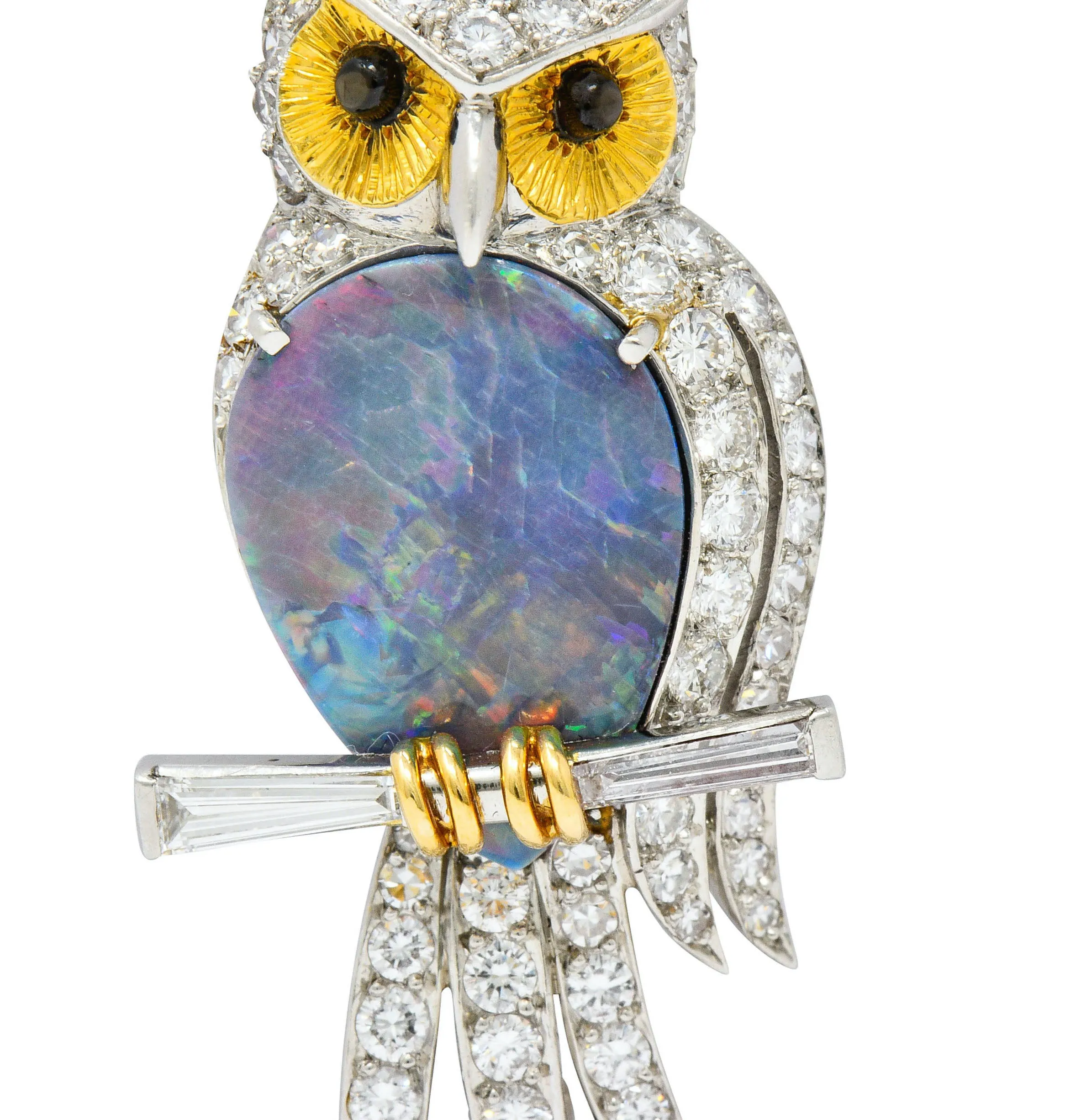 Vintage Black Opal Diamond Platinum 18 Karat Gold Owl Brooch