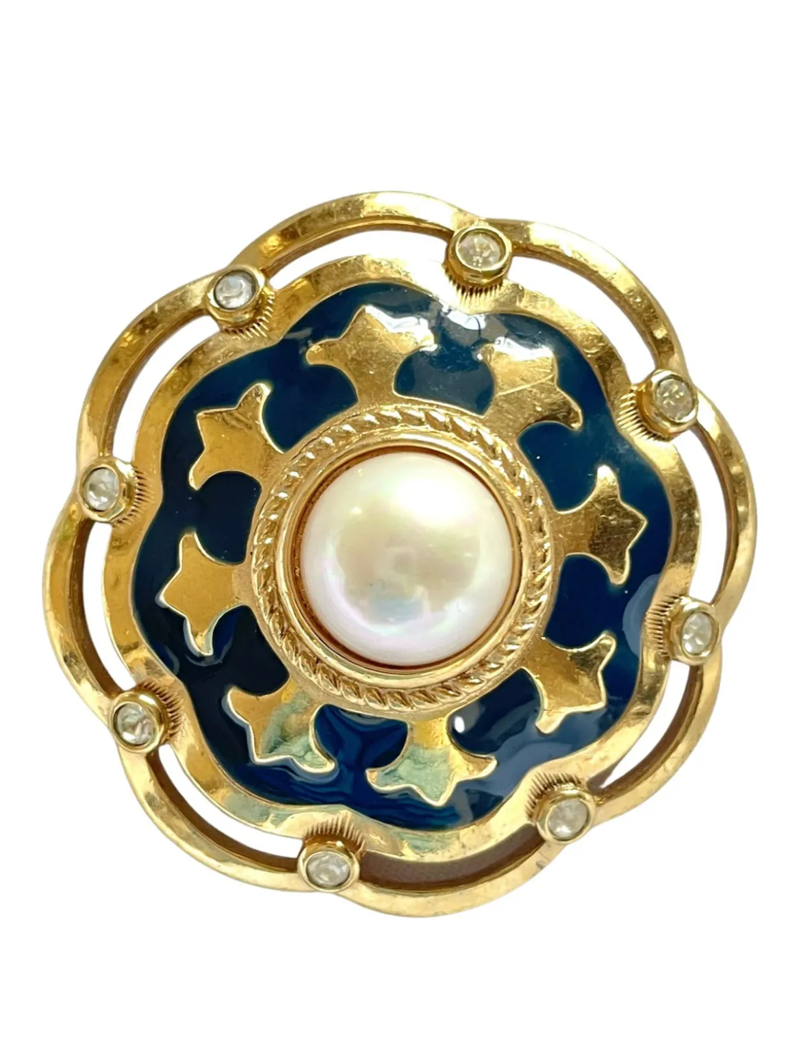 Vintage Burberry faux pearl, crystal stones, and gold and navy tone detailed design brooch. Rare Burberry masterpiece. 0503101