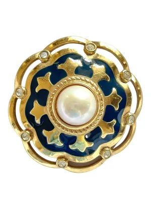 Vintage Burberry faux pearl, crystal stones, and gold and navy tone detailed design brooch. Rare Burberry masterpiece. 0503101