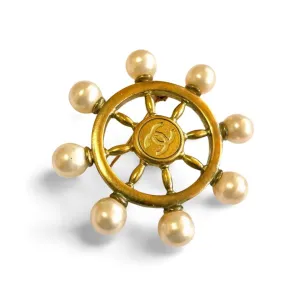 Vintage Chanel golden ship rudder design brooch with faux pearls and CC mark. Must have jewelry. Great gift. 050312ac3