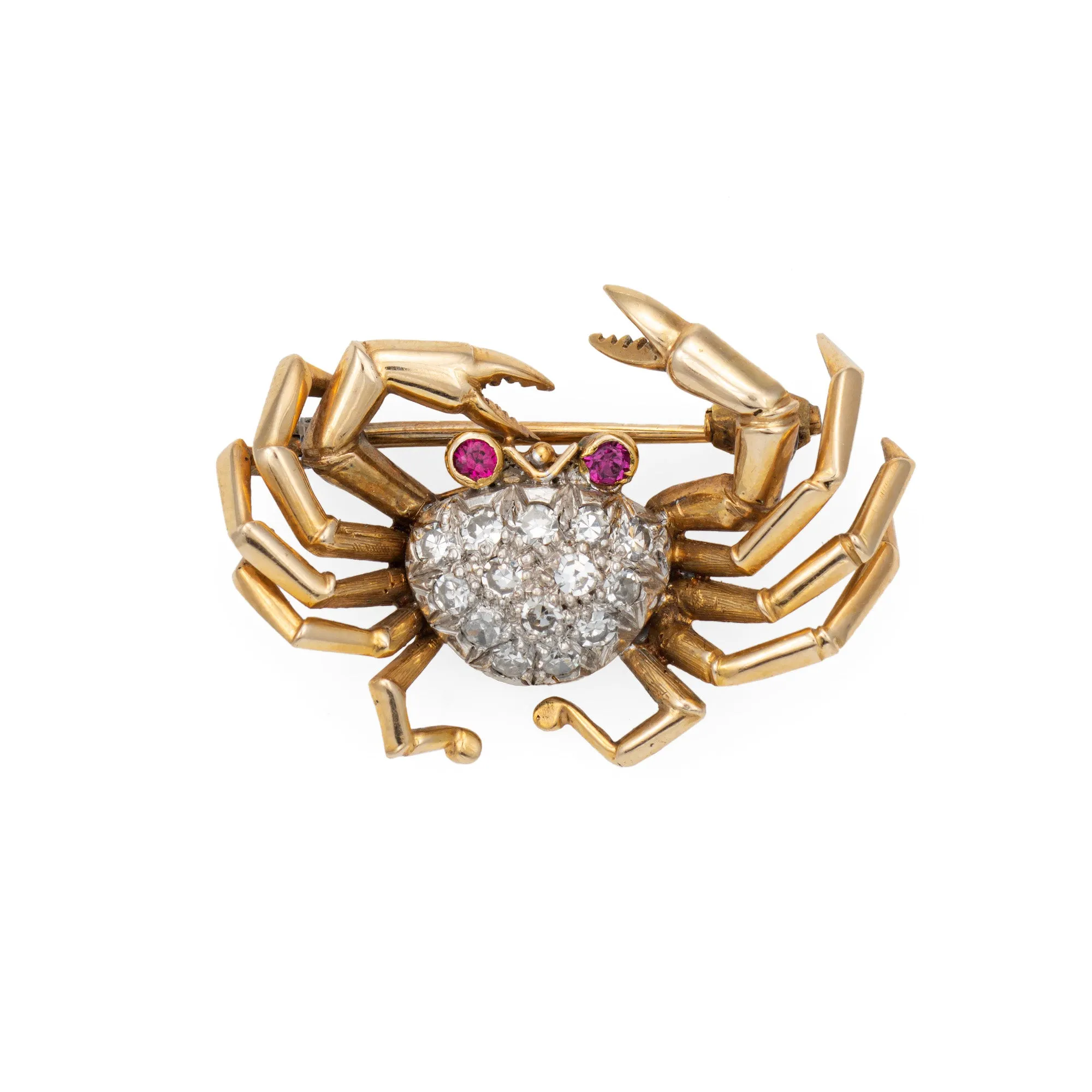 Vintage Crab Brooch Diamond 14k Yellow Gold Cancer Zodiac Pin Ocean Jewelry