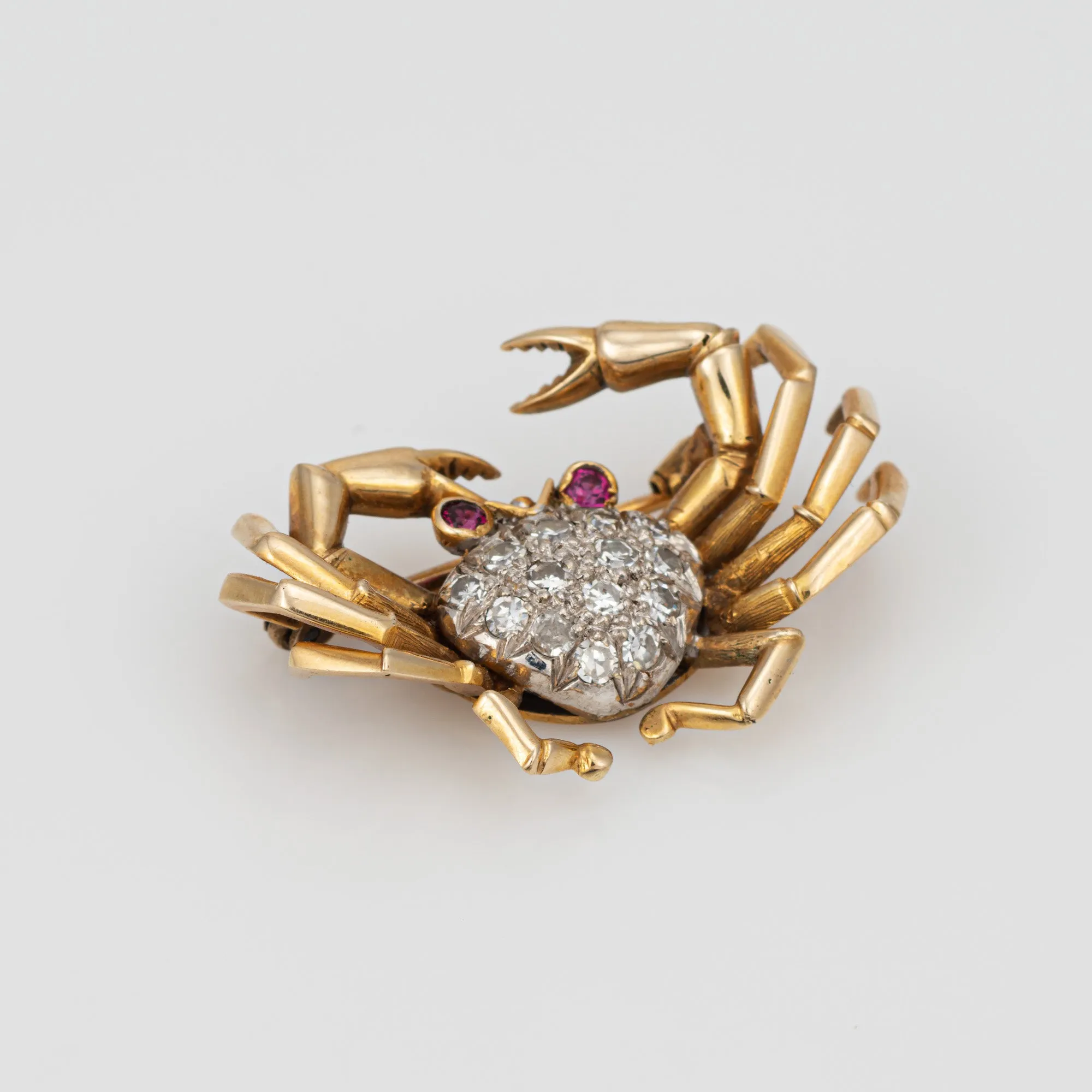 Vintage Crab Brooch Diamond 14k Yellow Gold Cancer Zodiac Pin Ocean Jewelry