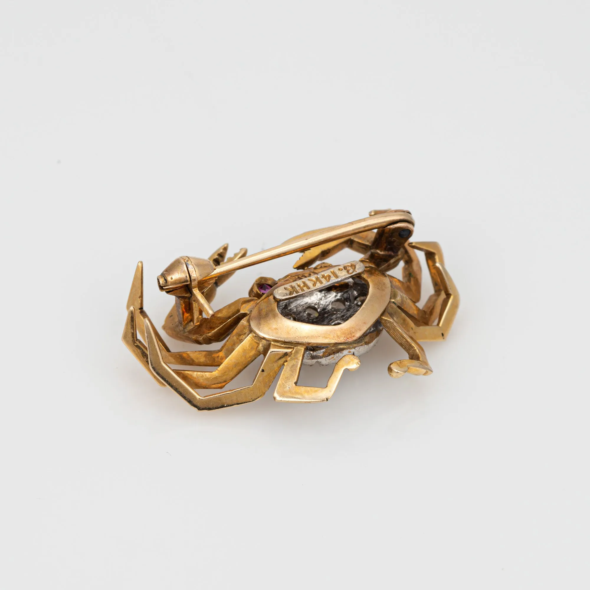 Vintage Crab Brooch Diamond 14k Yellow Gold Cancer Zodiac Pin Ocean Jewelry