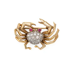 Vintage Crab Brooch Diamond 14k Yellow Gold Cancer Zodiac Pin Ocean Jewelry