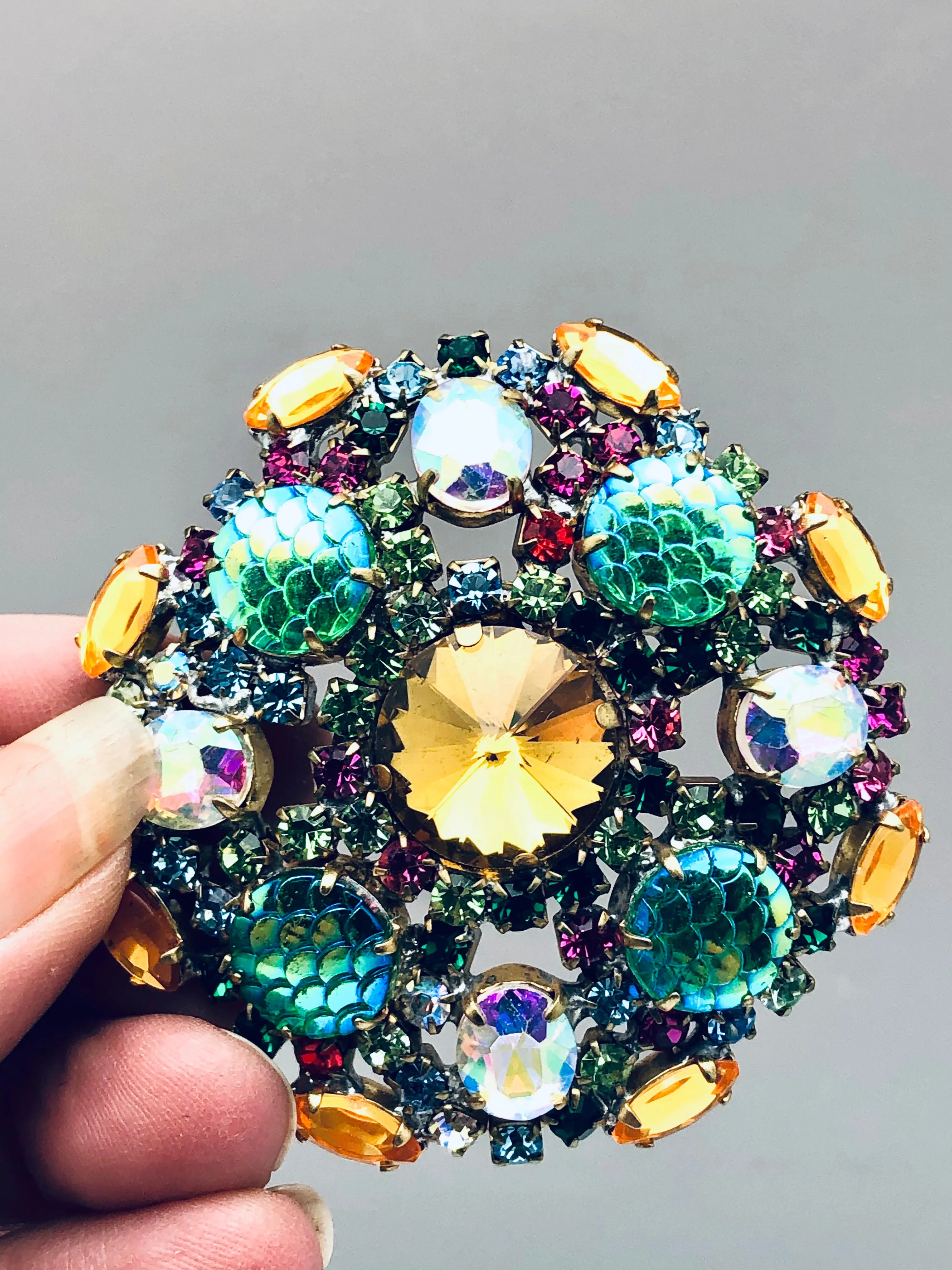 Vintage Czech Iridescent Crystal Fish Scale Brooch Pin