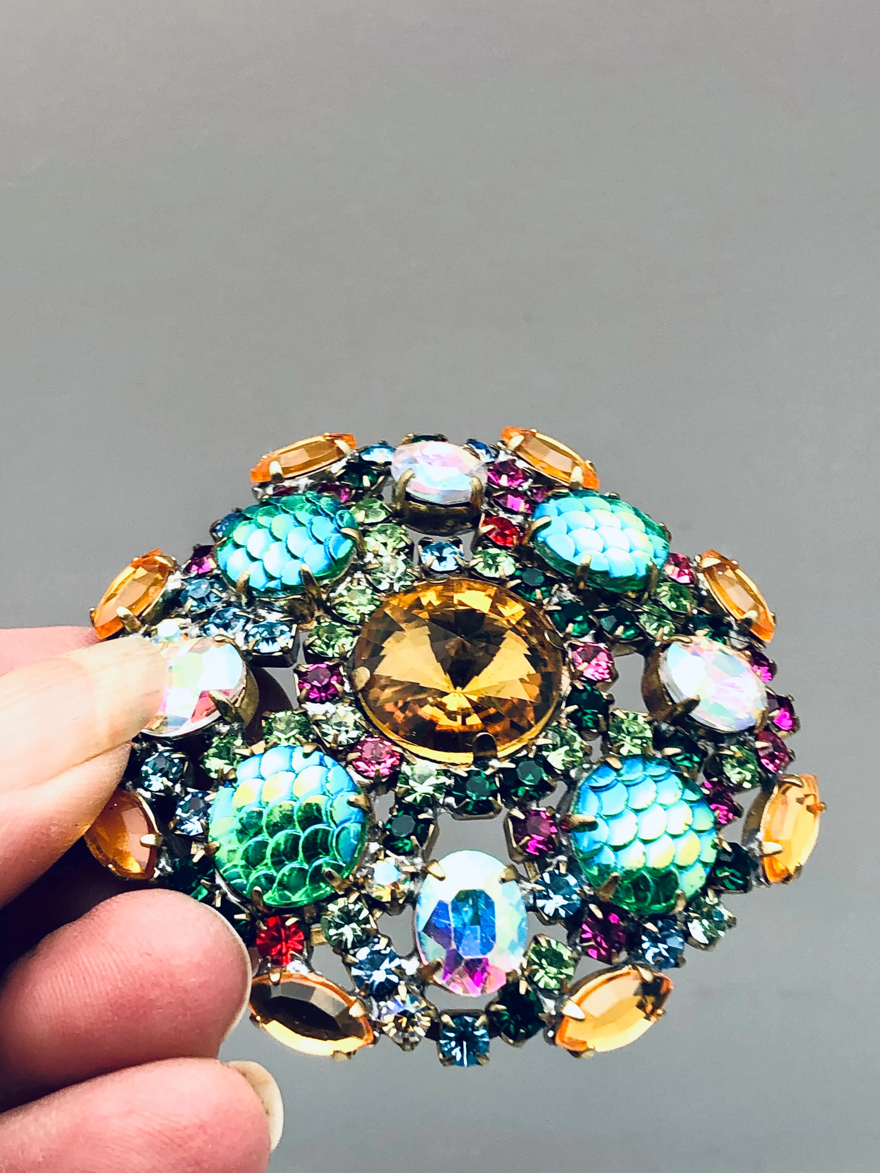 Vintage Czech Iridescent Crystal Fish Scale Brooch Pin