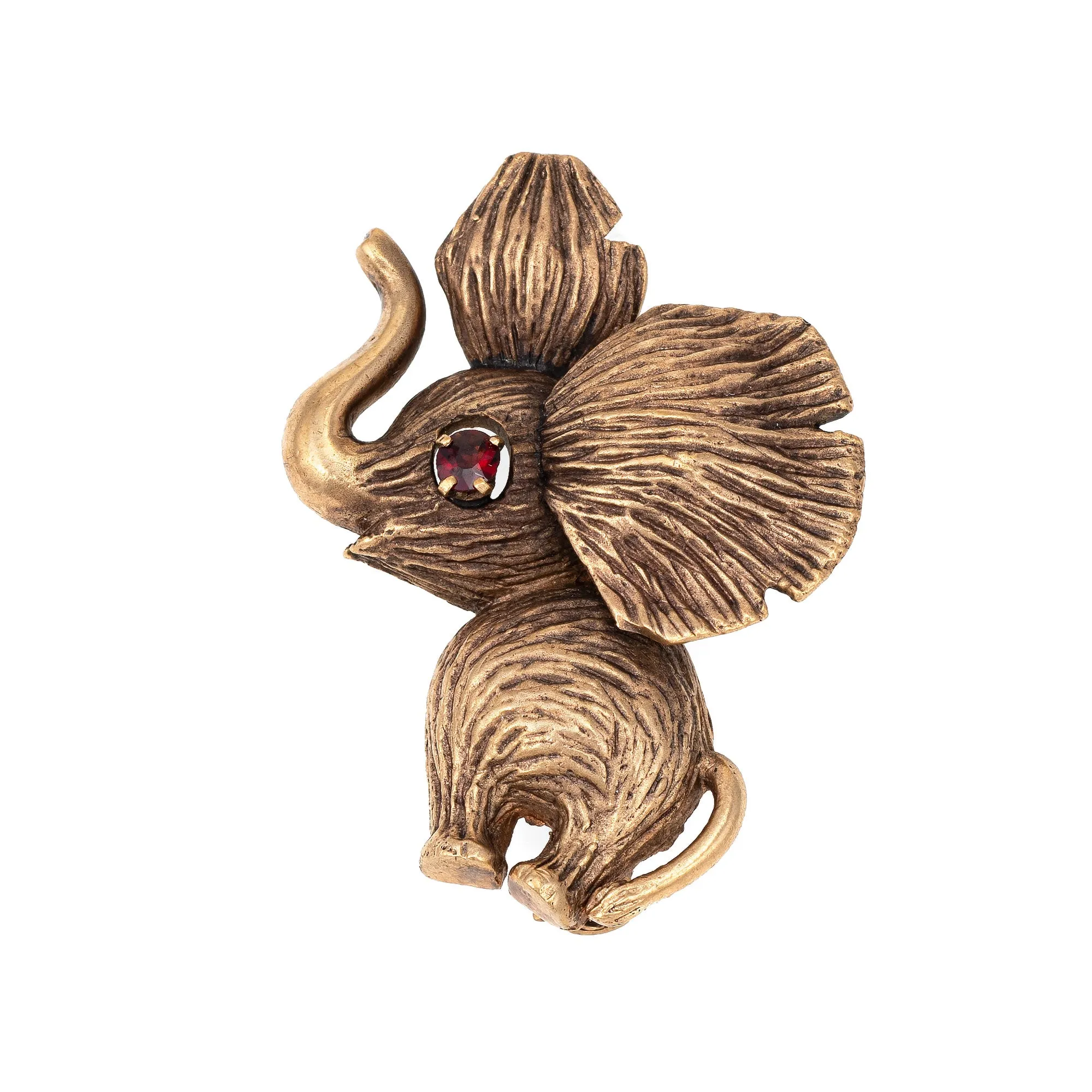 Vintage Elephant Brooch 9k Yellow Gold Pin Animal Jewelry Estate Fine Garnet Eye