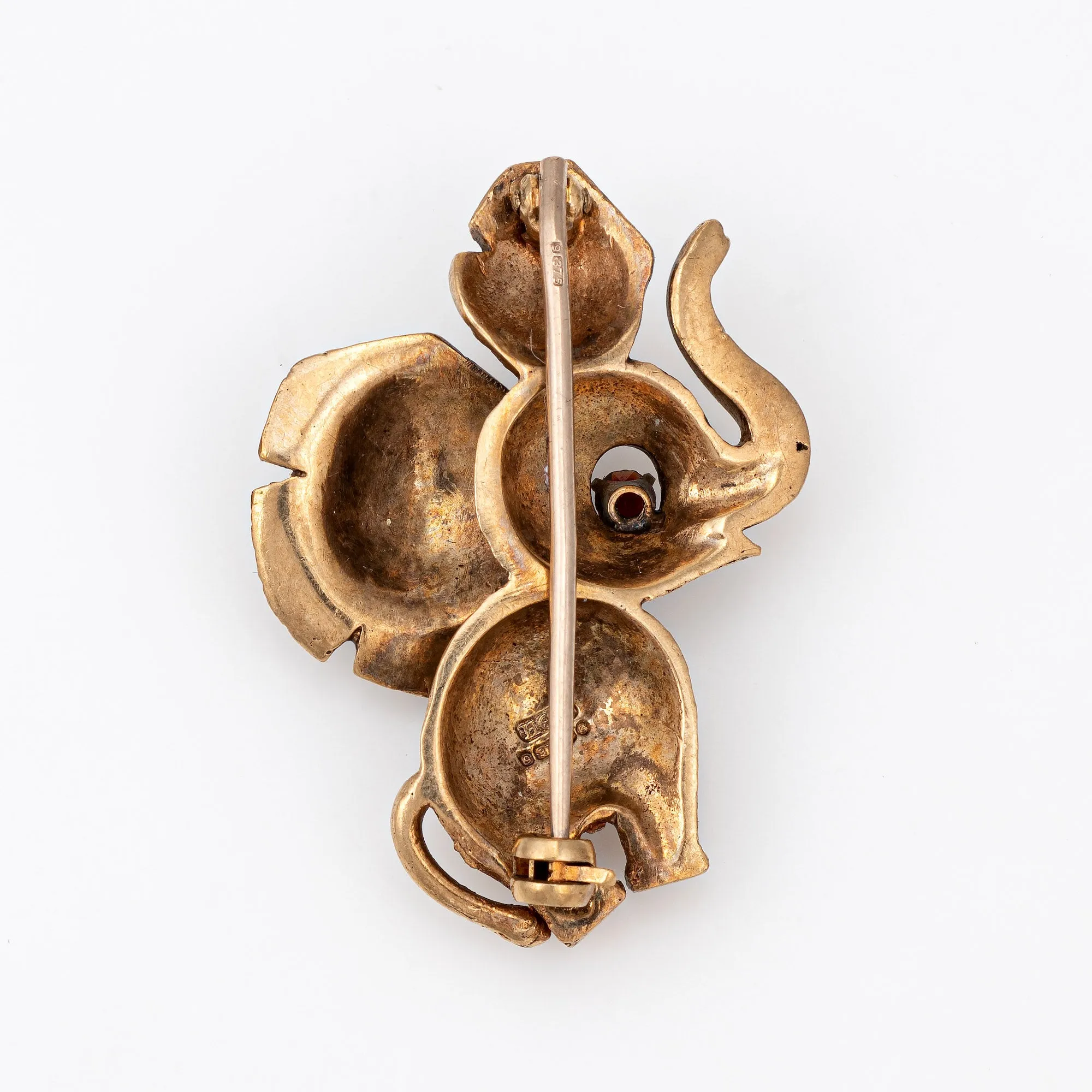 Vintage Elephant Brooch 9k Yellow Gold Pin Animal Jewelry Estate Fine Garnet Eye