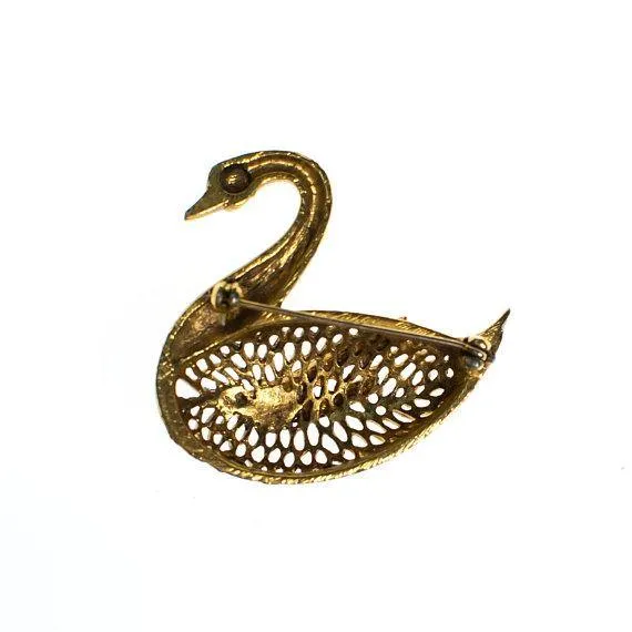 Vintage Gold Swan Brooch with Rhinestones