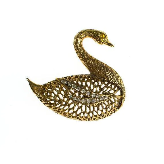Vintage Gold Swan Brooch with Rhinestones