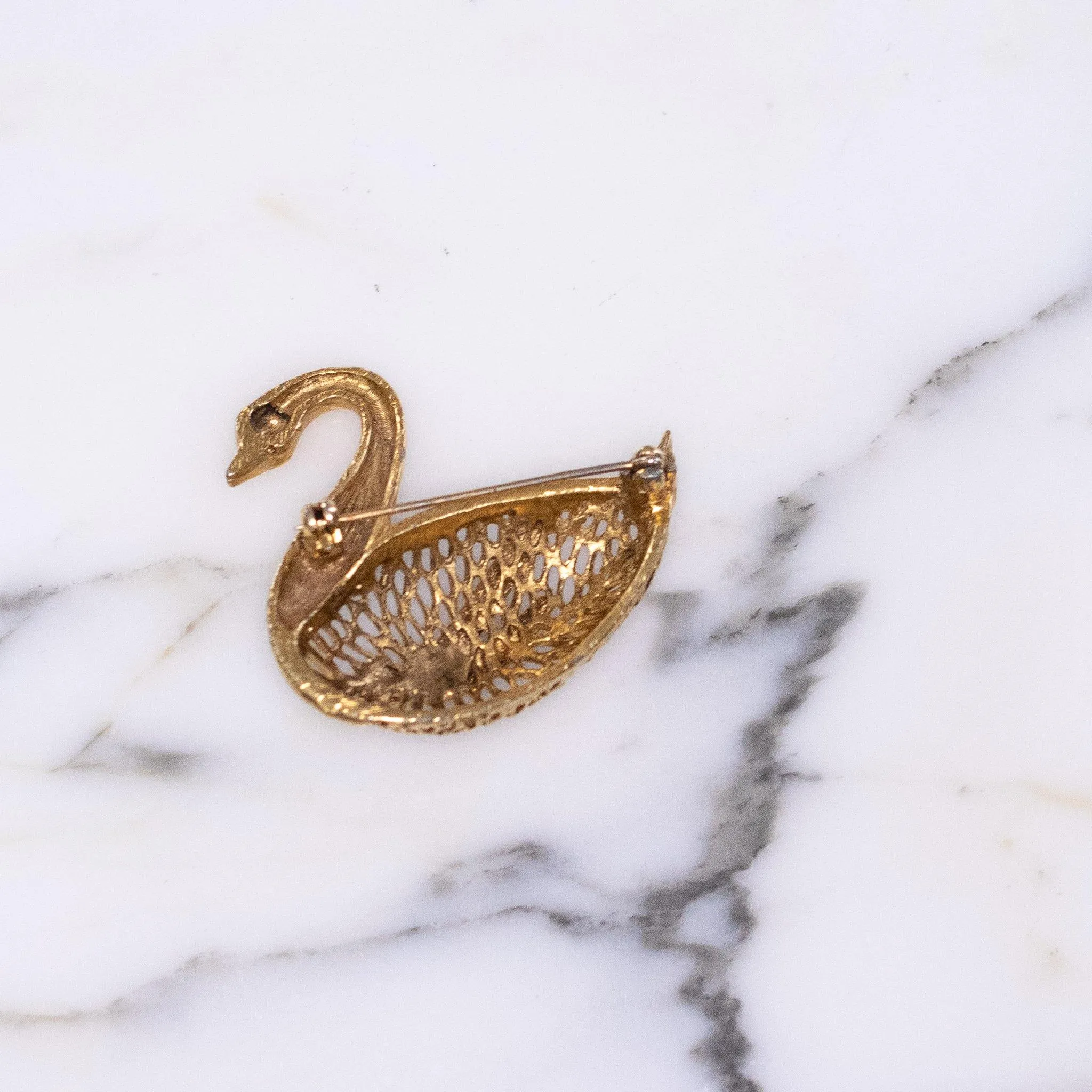 Vintage Gold Swan Brooch with Rhinestones