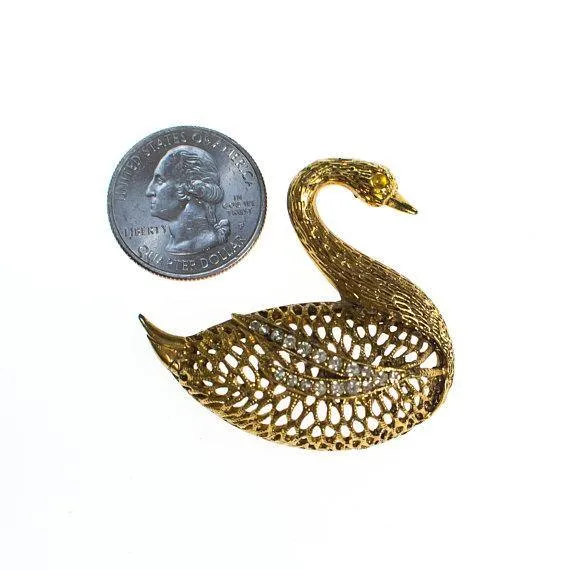 Vintage Gold Swan Brooch with Rhinestones