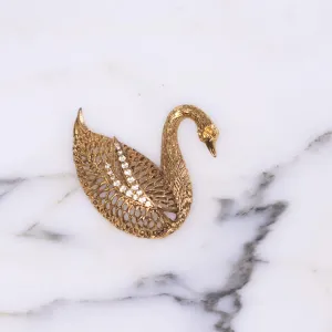 Vintage Gold Swan Brooch with Rhinestones