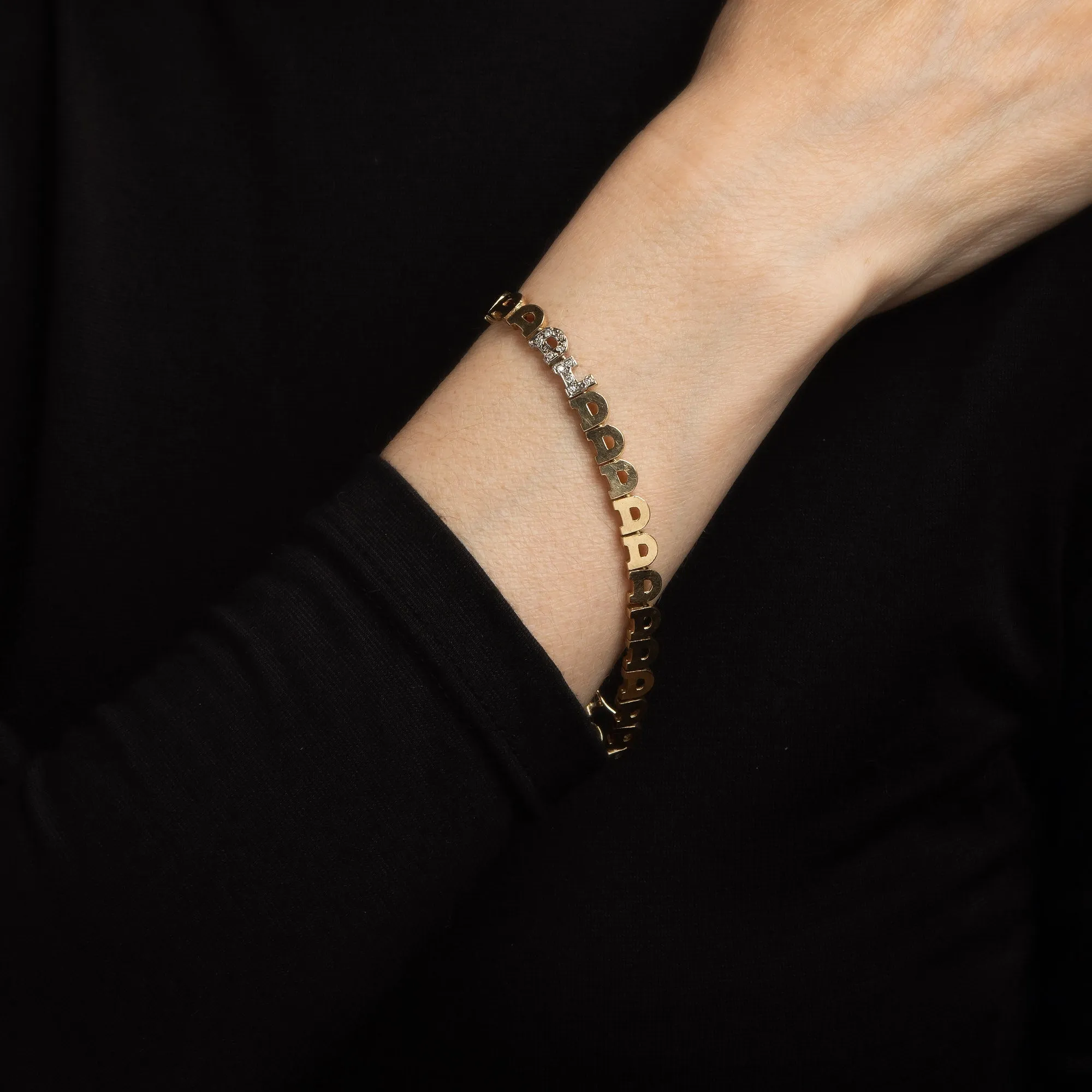 Vintage Letter D Bracelet DL Initials 14k Yellow Gold 7.5" Fine Diamond Jewelry
