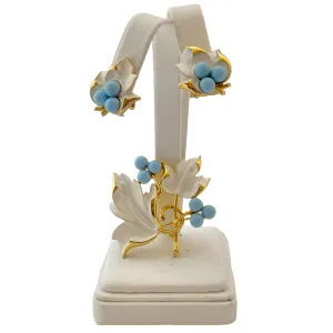 Vintage Sarah Coventry White and Blue Bead Brooch & Earrings Demi Parure Set