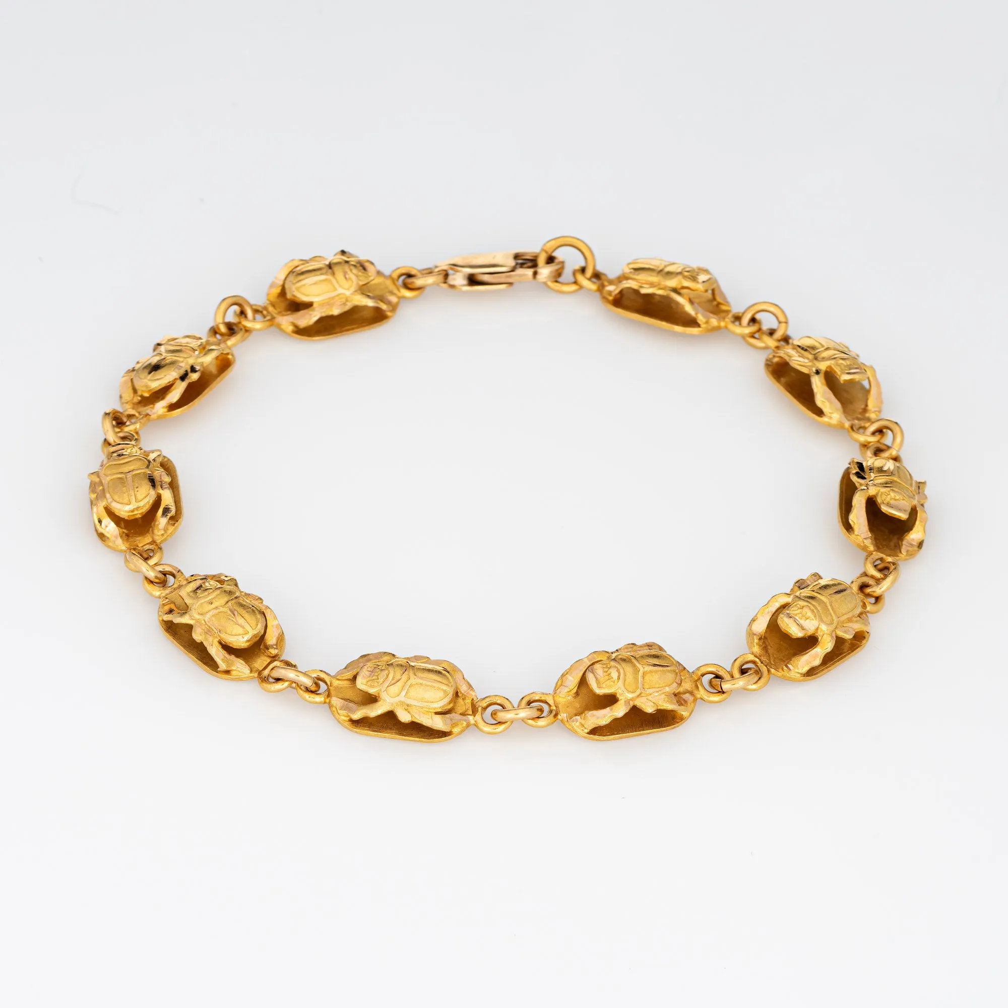 Vintage Scarab Beetle Bracelet 18k Yellow Gold Egyptian Jewelry 7" Fine Renewal