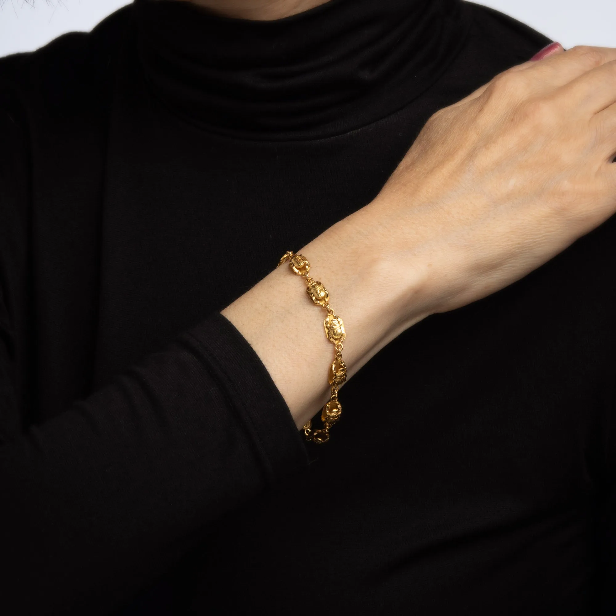 Vintage Scarab Beetle Bracelet 18k Yellow Gold Egyptian Jewelry 7" Fine Renewal