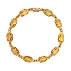 Vintage Scarab Beetle Bracelet 18k Yellow Gold Egyptian Jewelry 7" Fine Renewal