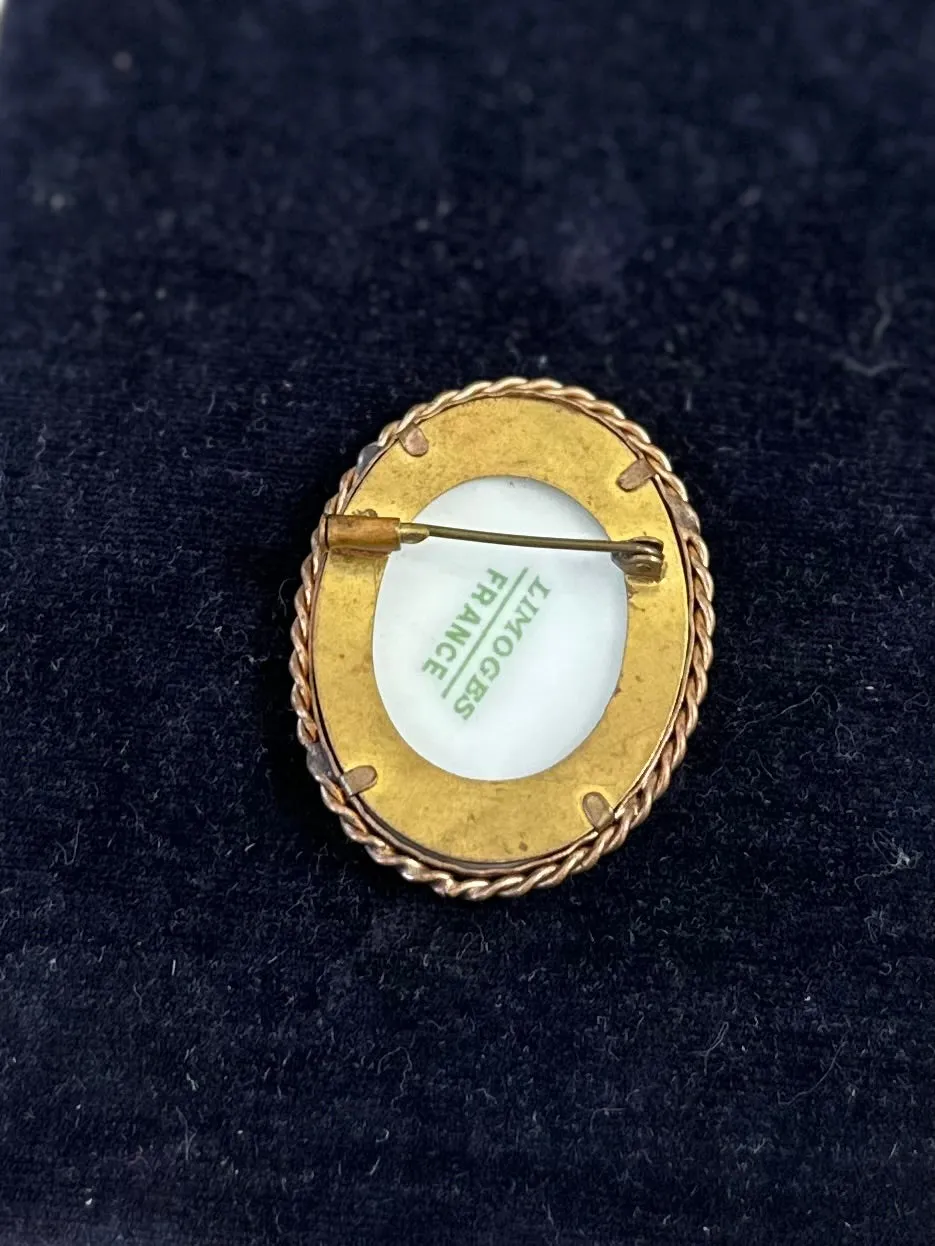 Vintage Signed LIMOGES FRANCE Painted Porcelain Portrait of a Lady Oval Gold Tone Brooch