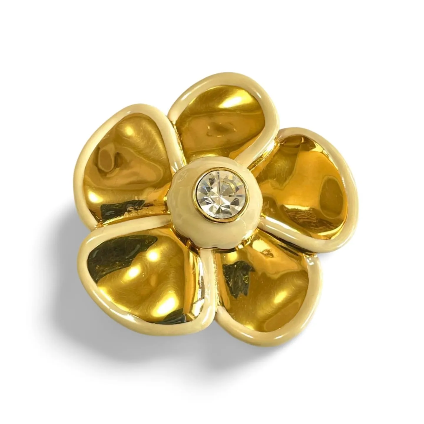 Vintage Yves Saint Laurent ceramic and golden brass flower brooch with crystal pin brooch. 060310ya