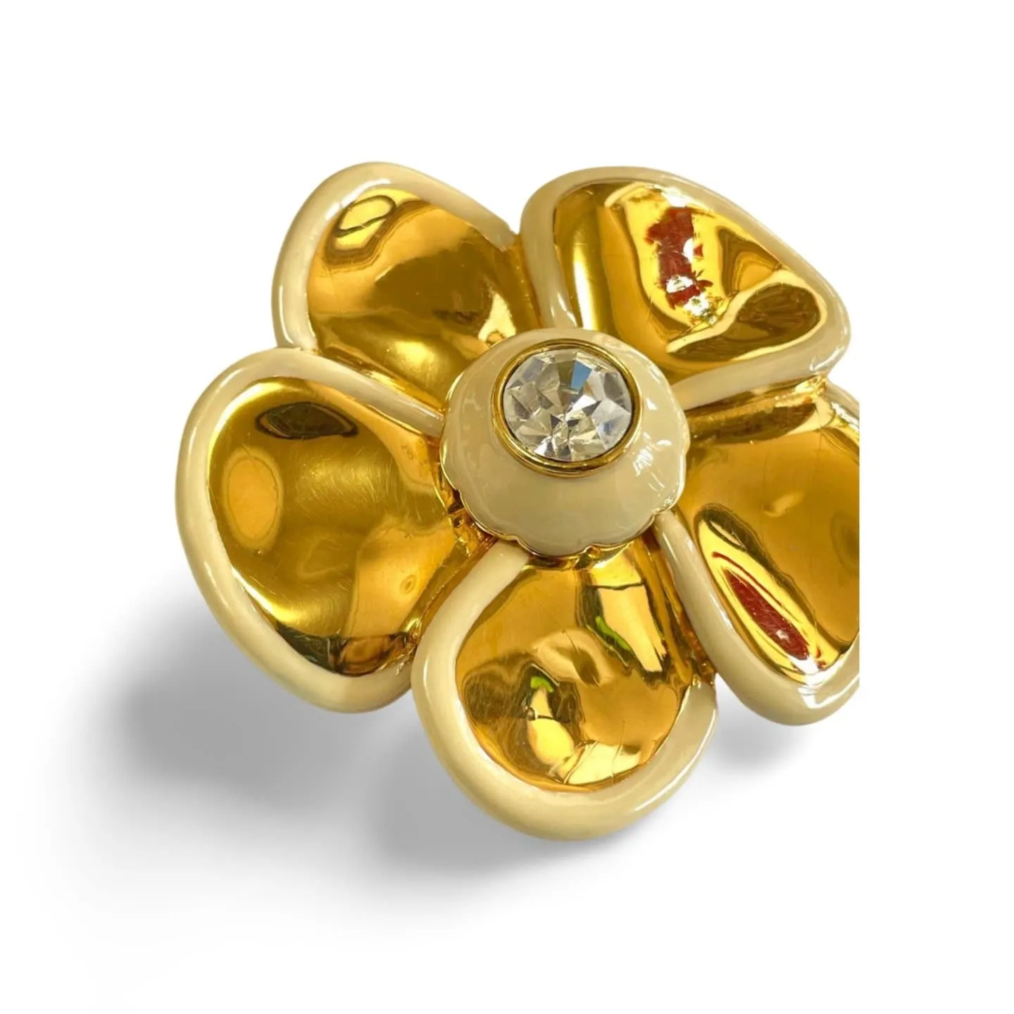 Vintage Yves Saint Laurent ceramic and golden brass flower brooch with crystal pin brooch. 060310ya