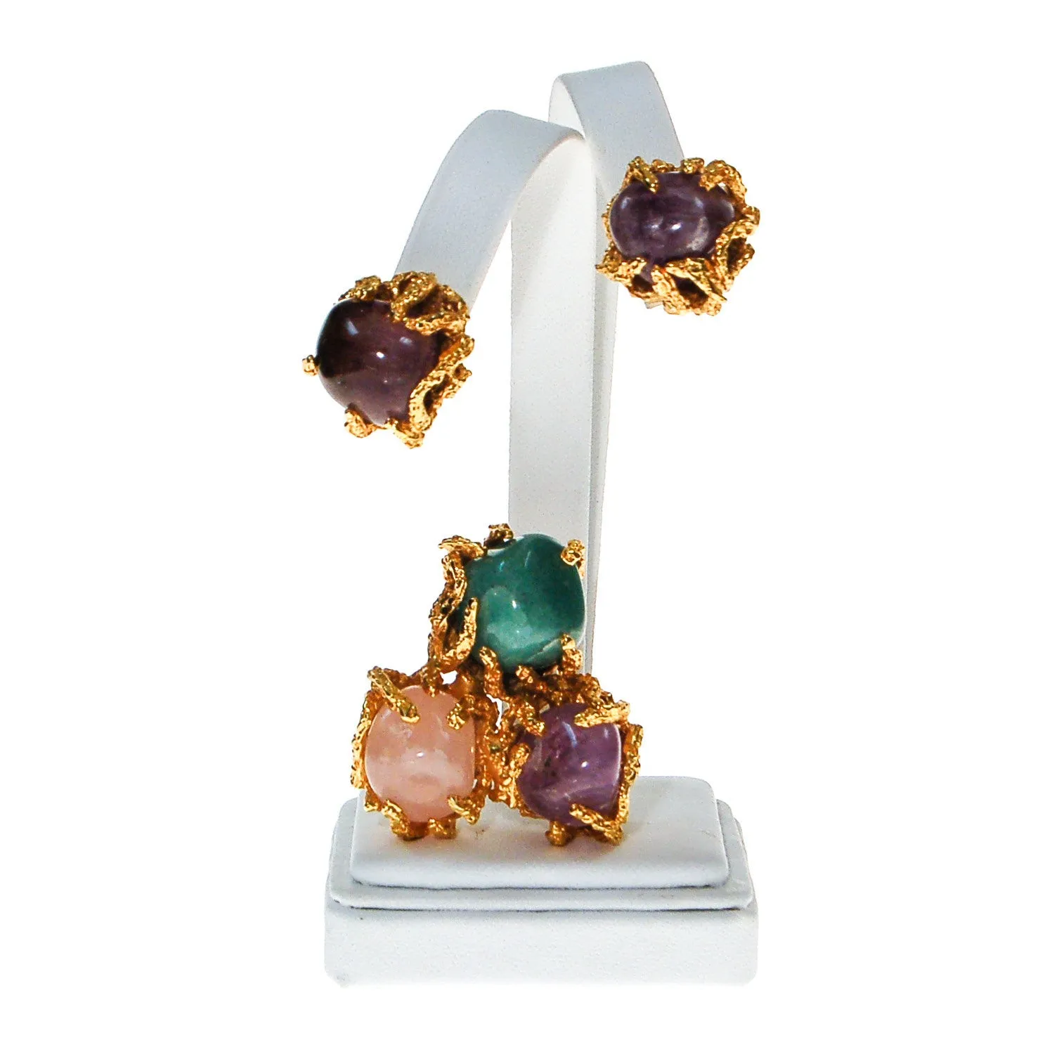 Vogue Jewelry Green,Purple Jade and Rose Quartz Brooch and Earrings Set