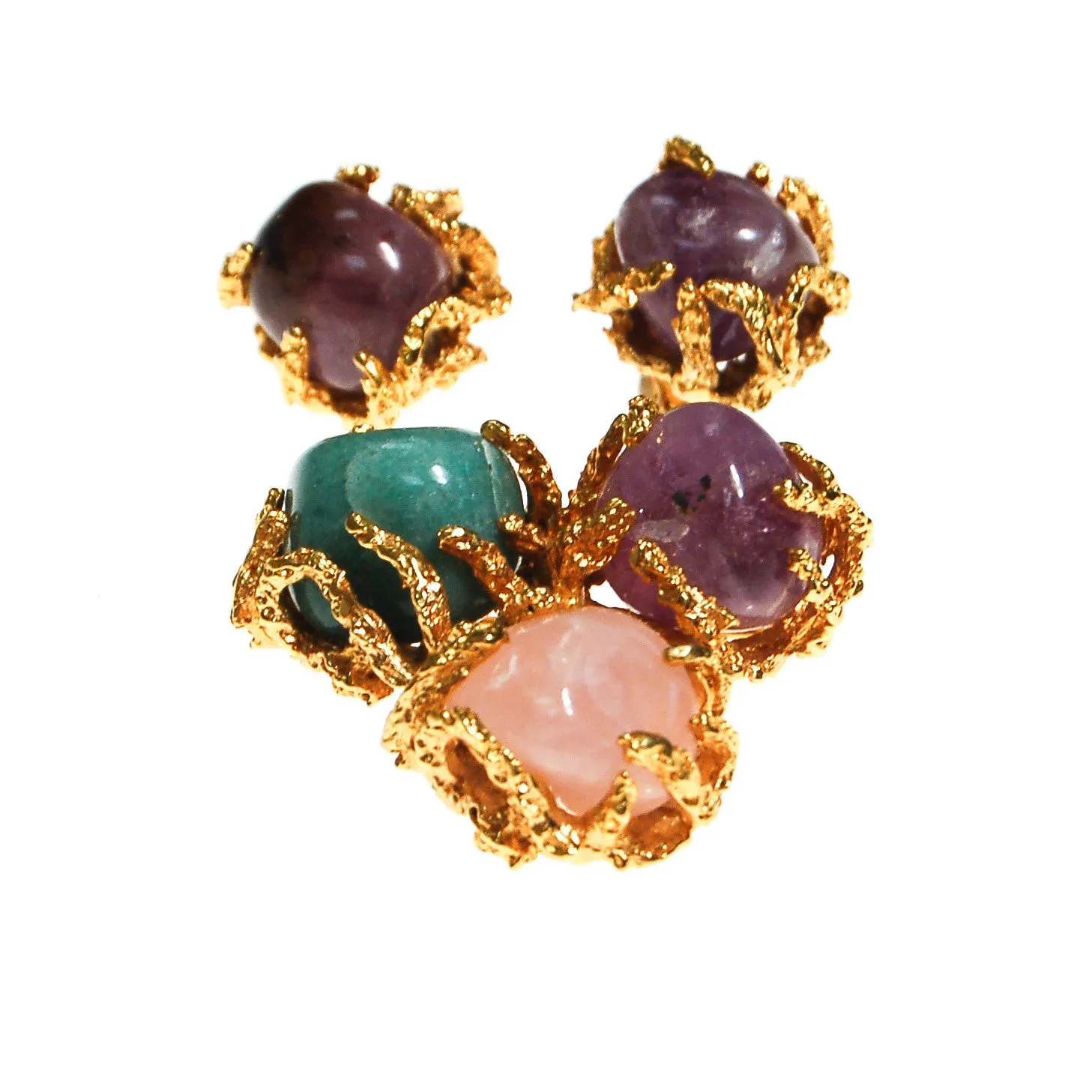 Vogue Jewelry Green,Purple Jade and Rose Quartz Brooch and Earrings Set