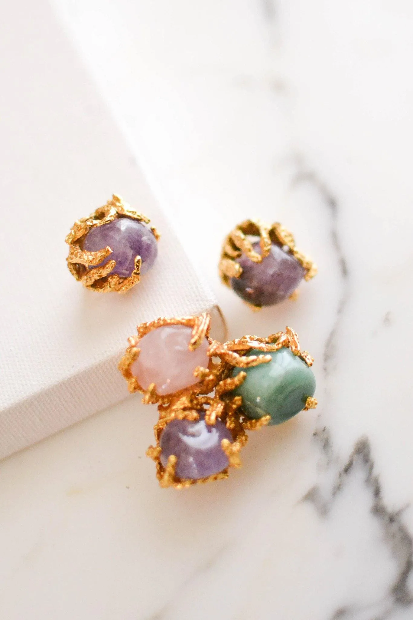 Vogue Jewelry Green,Purple Jade and Rose Quartz Brooch and Earrings Set