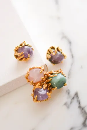 Vogue Jewelry Green,Purple Jade and Rose Quartz Brooch and Earrings Set