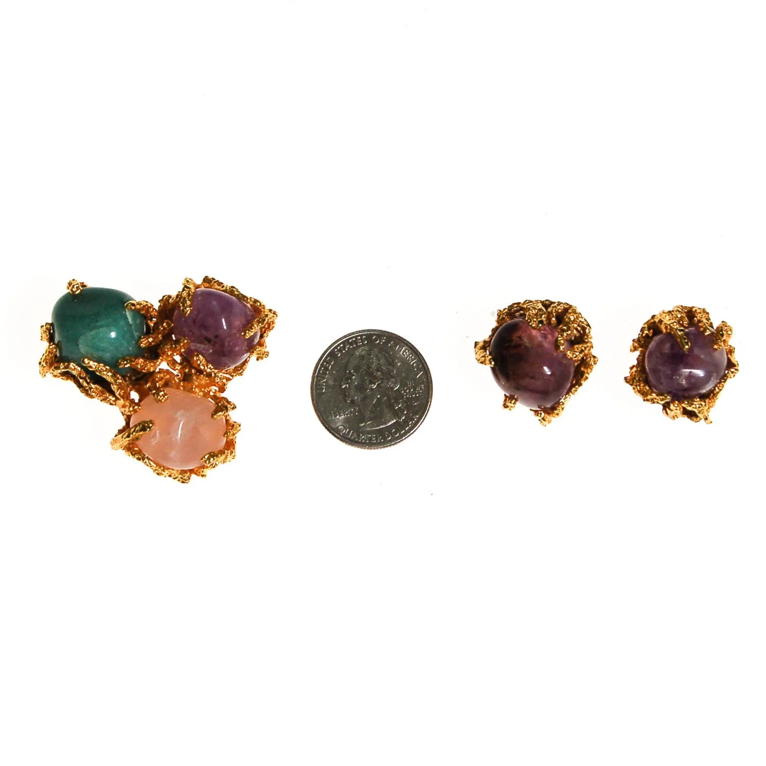 Vogue Jewelry Green,Purple Jade and Rose Quartz Brooch and Earrings Set