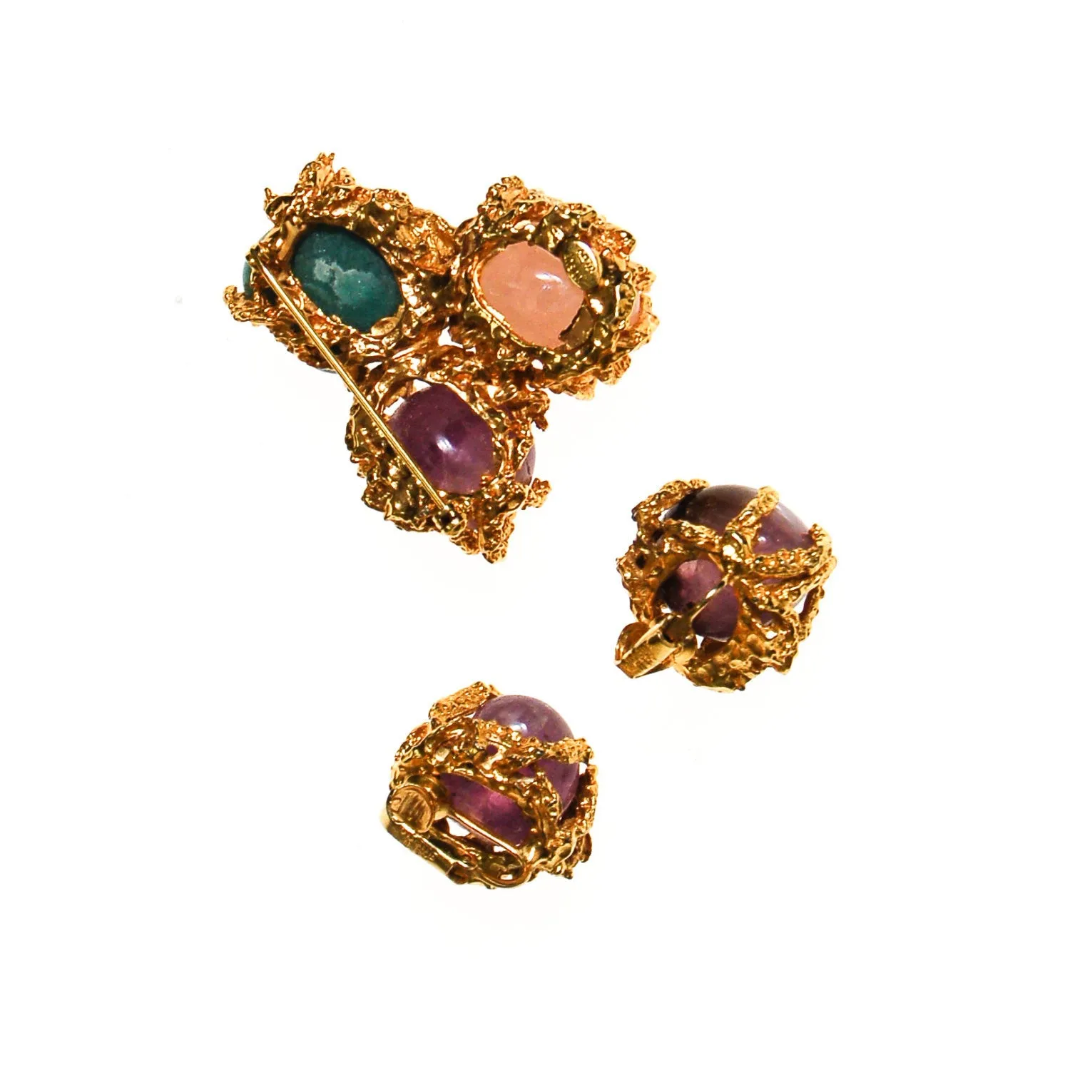 Vogue Jewelry Green,Purple Jade and Rose Quartz Brooch and Earrings Set