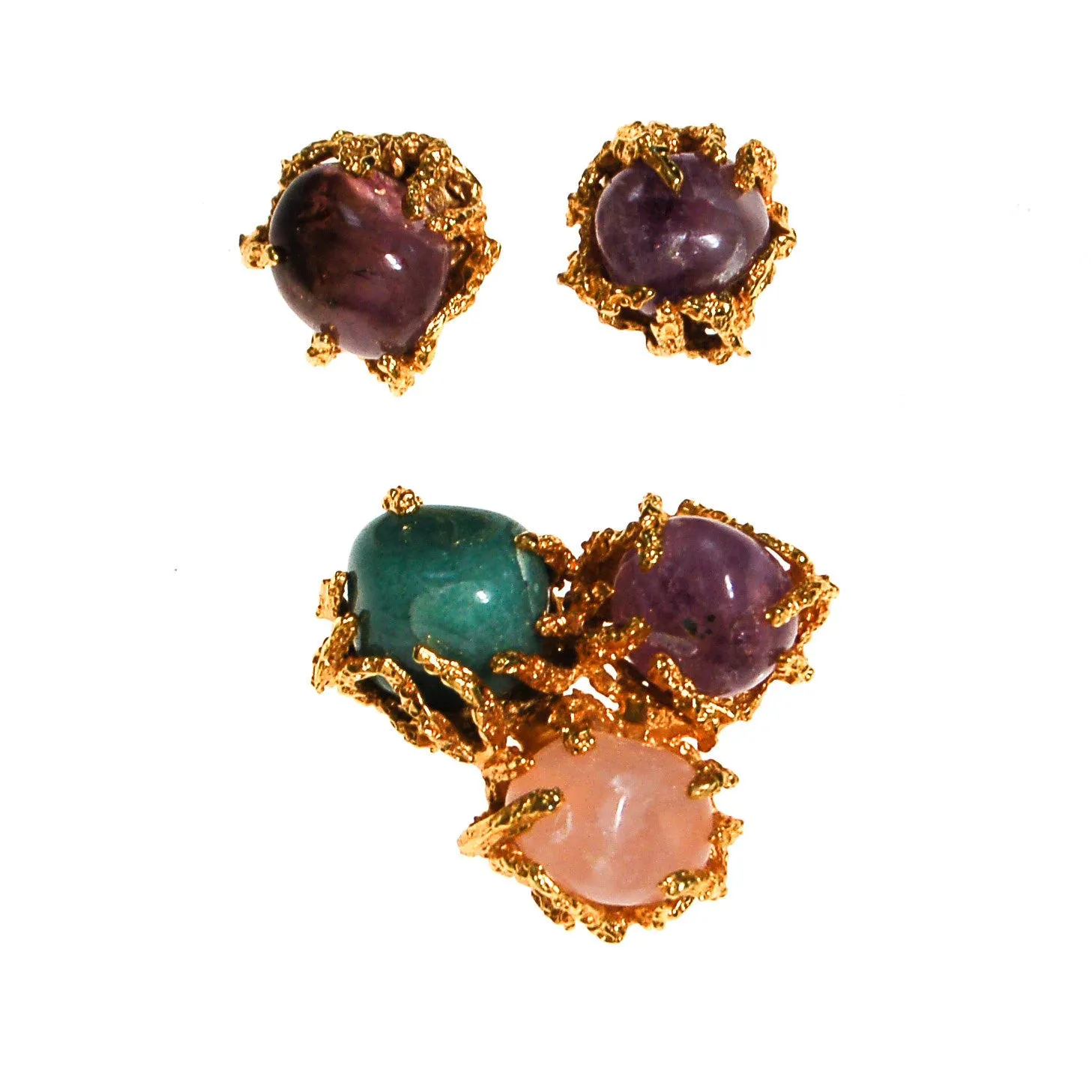 Vogue Jewelry Green,Purple Jade and Rose Quartz Brooch and Earrings Set