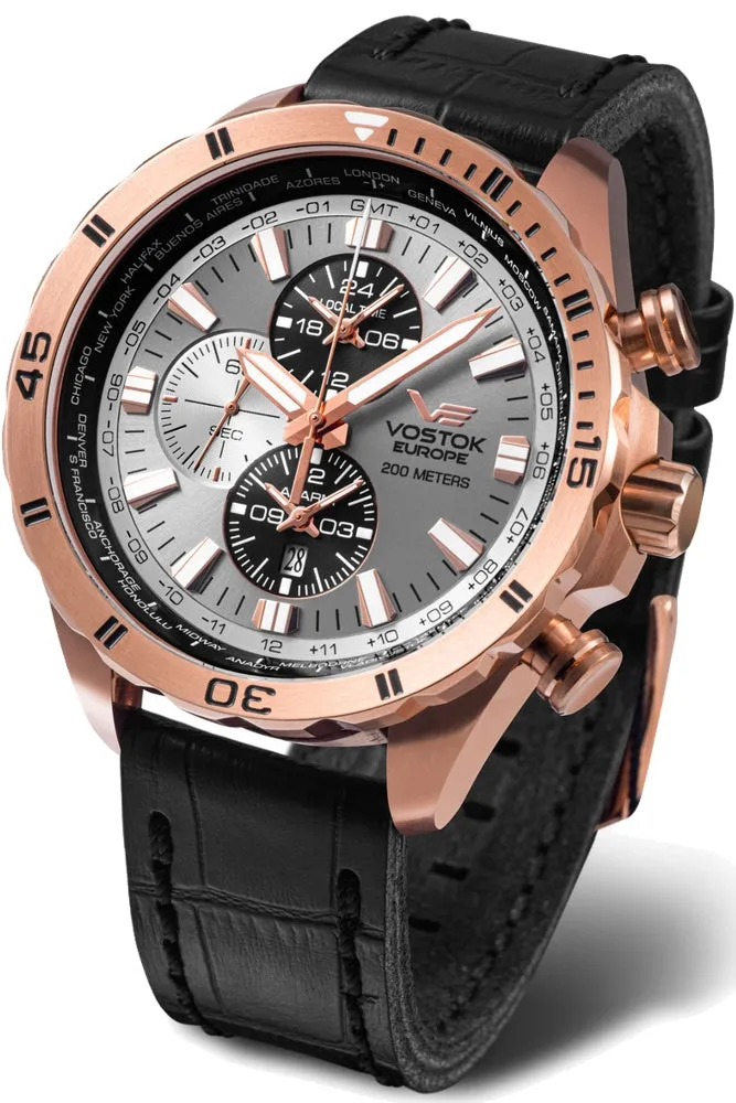 Vostok-Europe World Time Pilot's Watch with Alarm, Rose PVD Steel, Leather Strap YM26-320B653