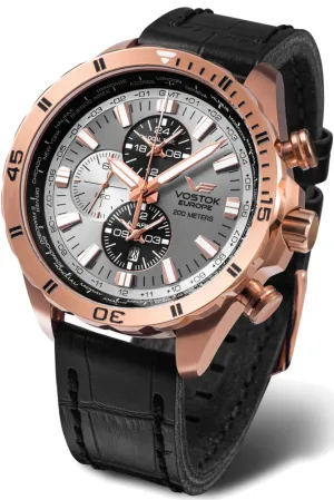 Vostok-Europe World Time Pilot's Watch with Alarm, Rose PVD Steel, Leather Strap YM26-320B653