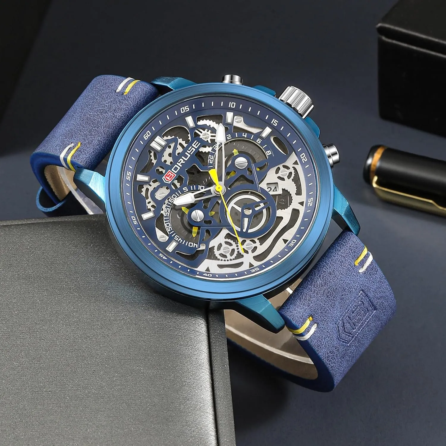 Watches for Men Business Chronograph Big Face Skeleton Quartz Watch