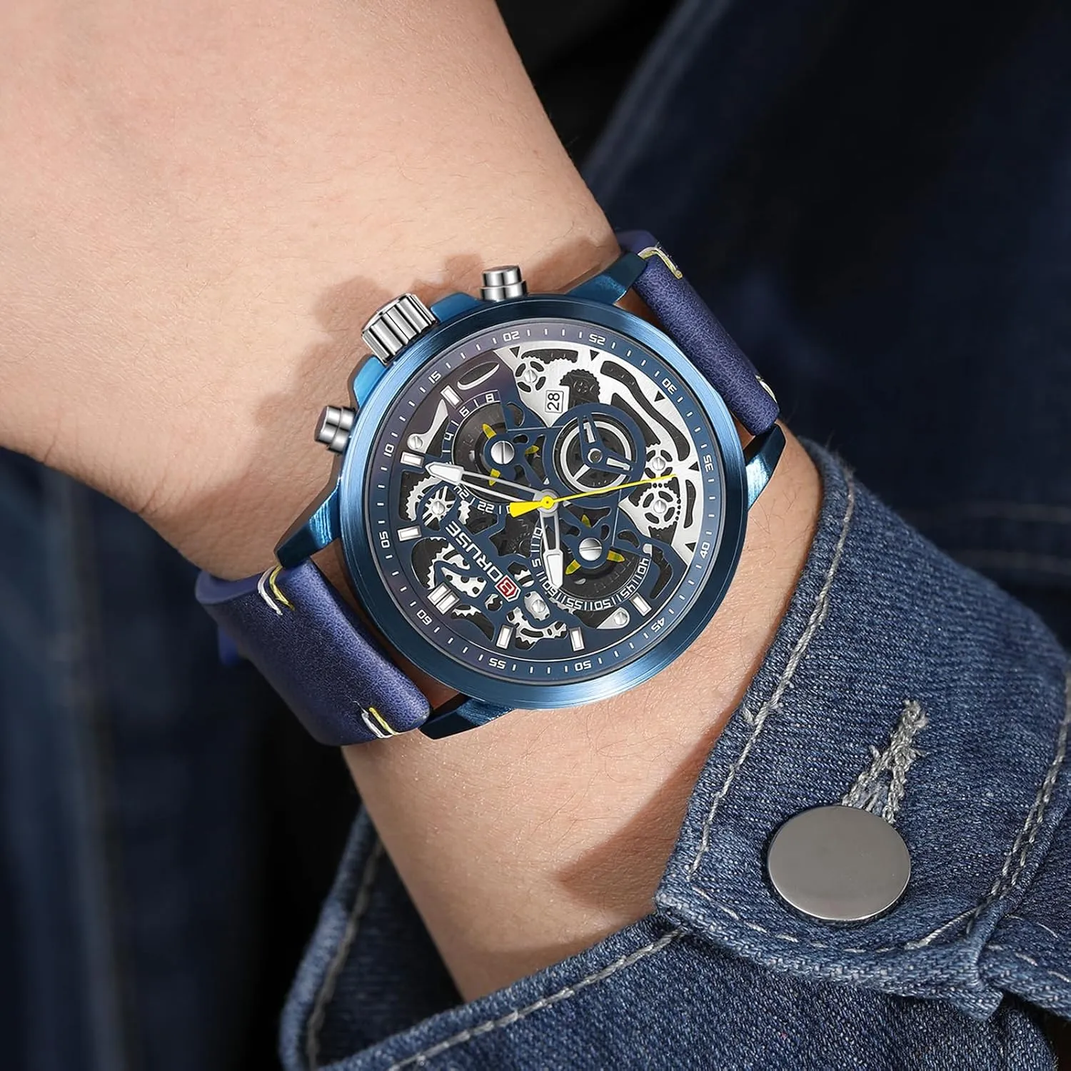 Watches for Men Business Chronograph Big Face Skeleton Quartz Watch