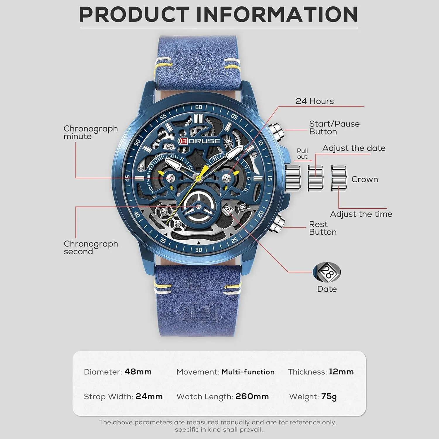 Watches for Men Business Chronograph Big Face Skeleton Quartz Watch