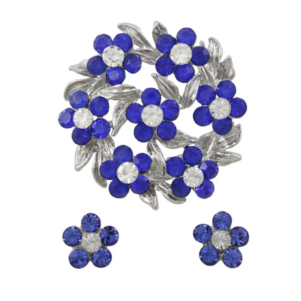 Wreath of Blue Crystal Daisies Pin with Daisy Earring Set - PRL702BS