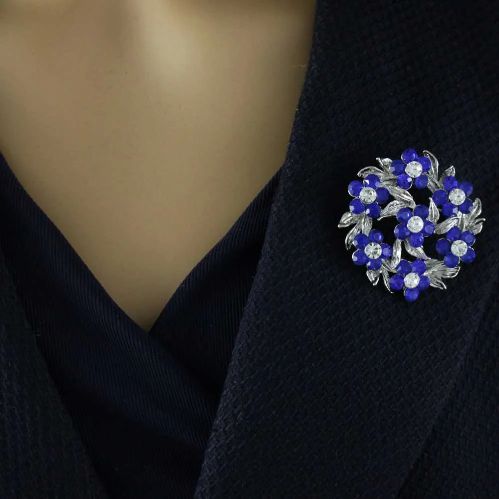 Wreath of Blue Crystal Daisies Pin with Daisy Earring Set - PRL702BS