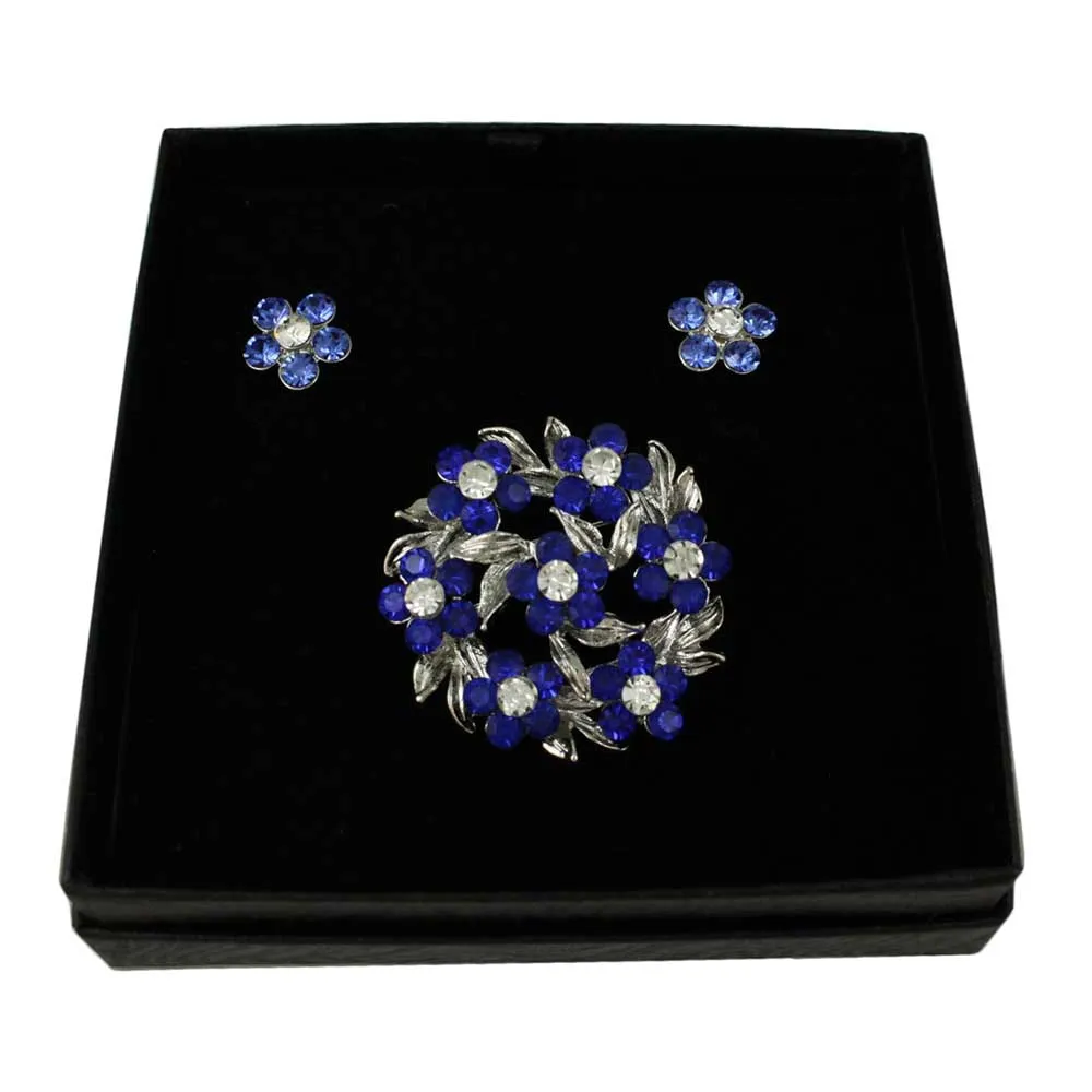 Wreath of Blue Crystal Daisies Pin with Daisy Earring Set - PRL702BS