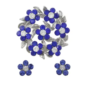 Wreath of Blue Crystal Daisies Pin with Daisy Earring Set - PRL702BS