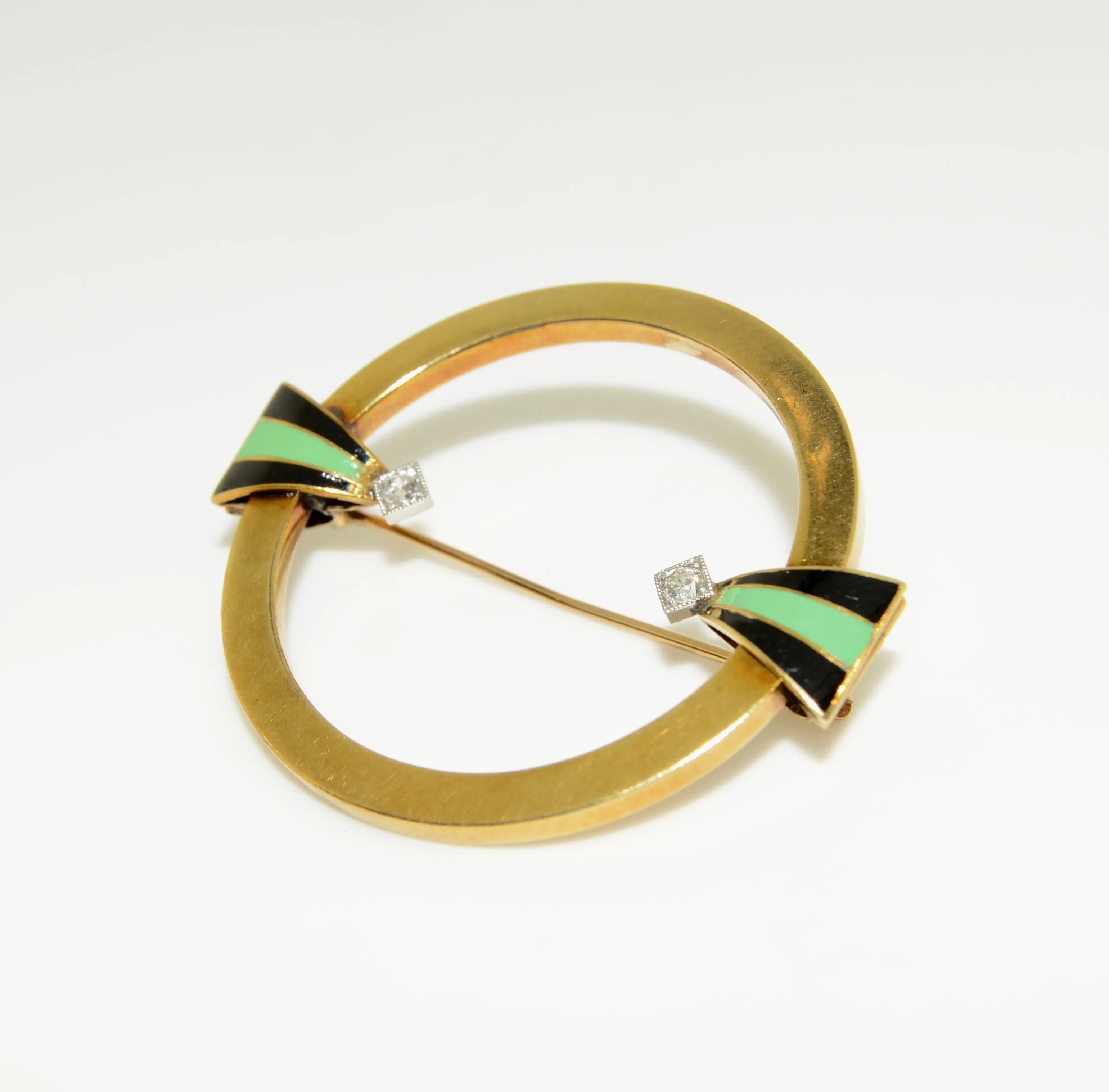 Yellow Gold Round Brooch with Enameling and Diamonds